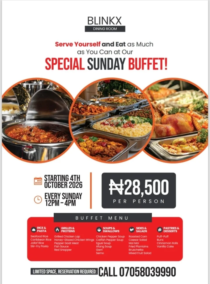 Blinkx Dining Room Special Sunday Buffet — 28,500 naira per person, 12pm to 4pm every Sunday from 4 October 2026