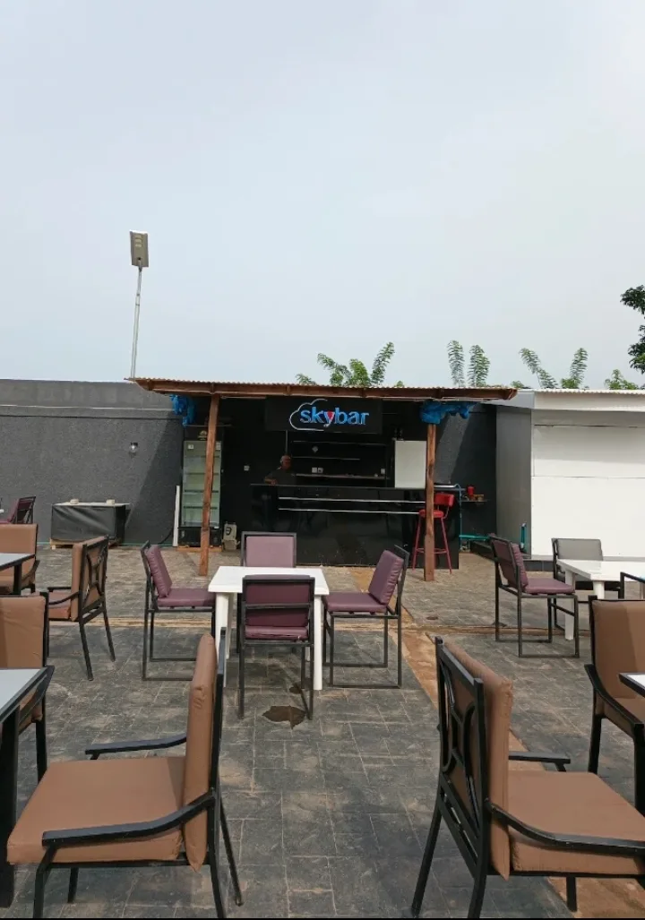 The Skybar counter with its lit sign